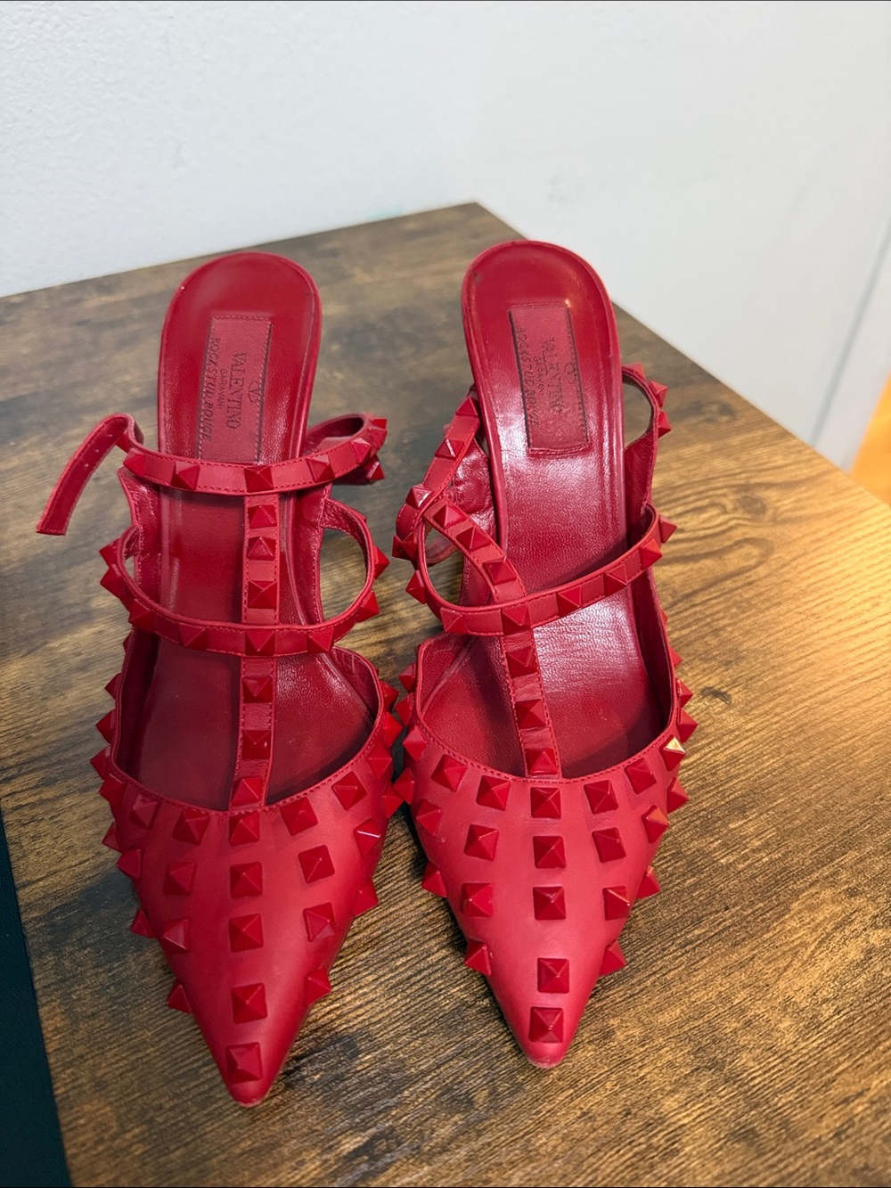 Valentino Red Pyramid-Stud Strappy Pointed-Toe Mules